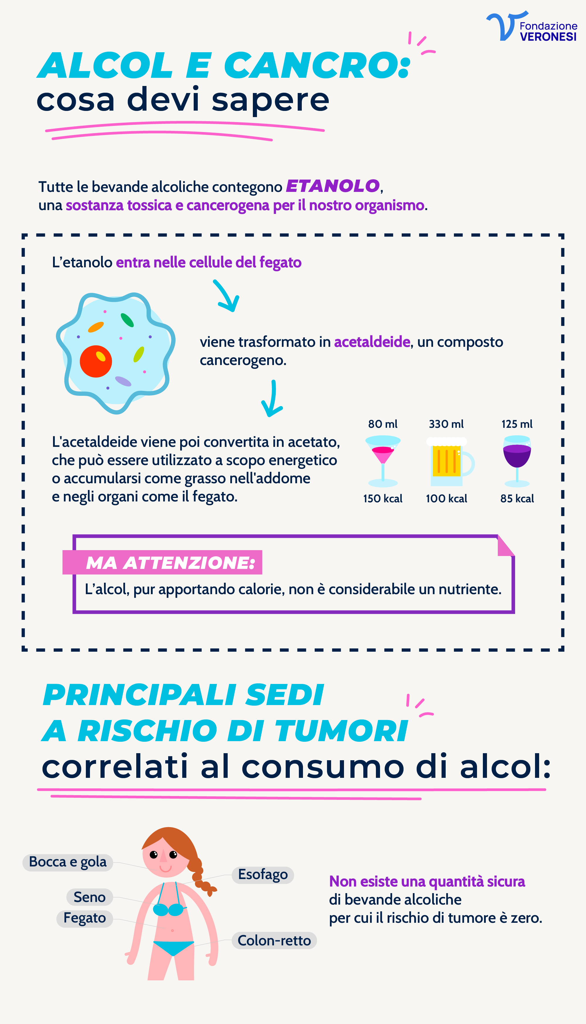 Alcol e rischio di tumori Illustrazione informativa che spiega come l’alcol venga metabolizzato nel fegato in sostanze cancerogene e mostra le principali sedi tumorali associate: bocca, fegato, colon e seno